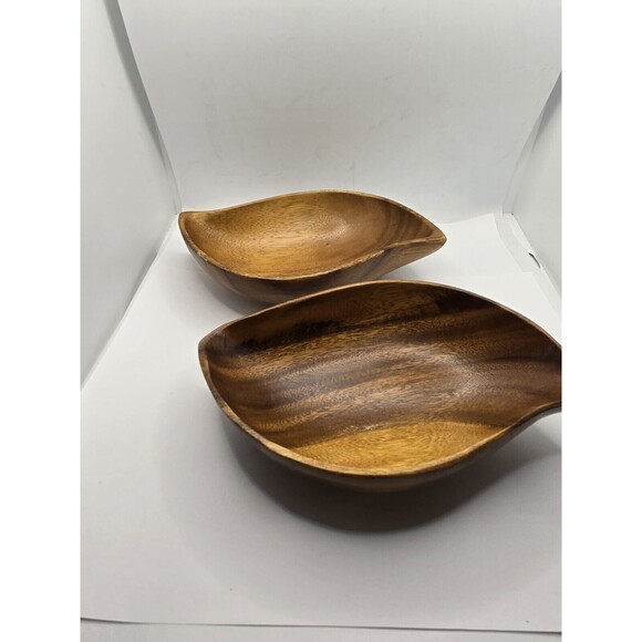 Vintage Monkey Pod Hardwood Hawaii Hand Carved Bowl Leaf 1950s Pair - Picture 2 of 10